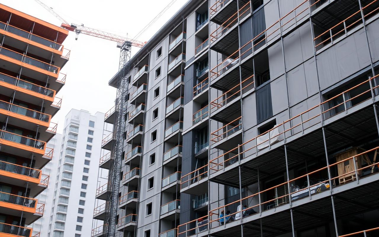 Apartment construction site with scaffolding and façade panels.