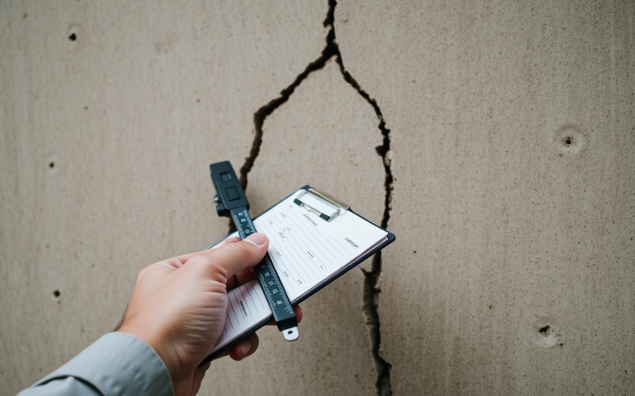 Engineer documenting a cracked concrete wall on a clipboard.