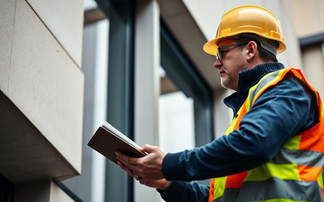 Remedial engineer in hi-vis vest inspecting a building façade.