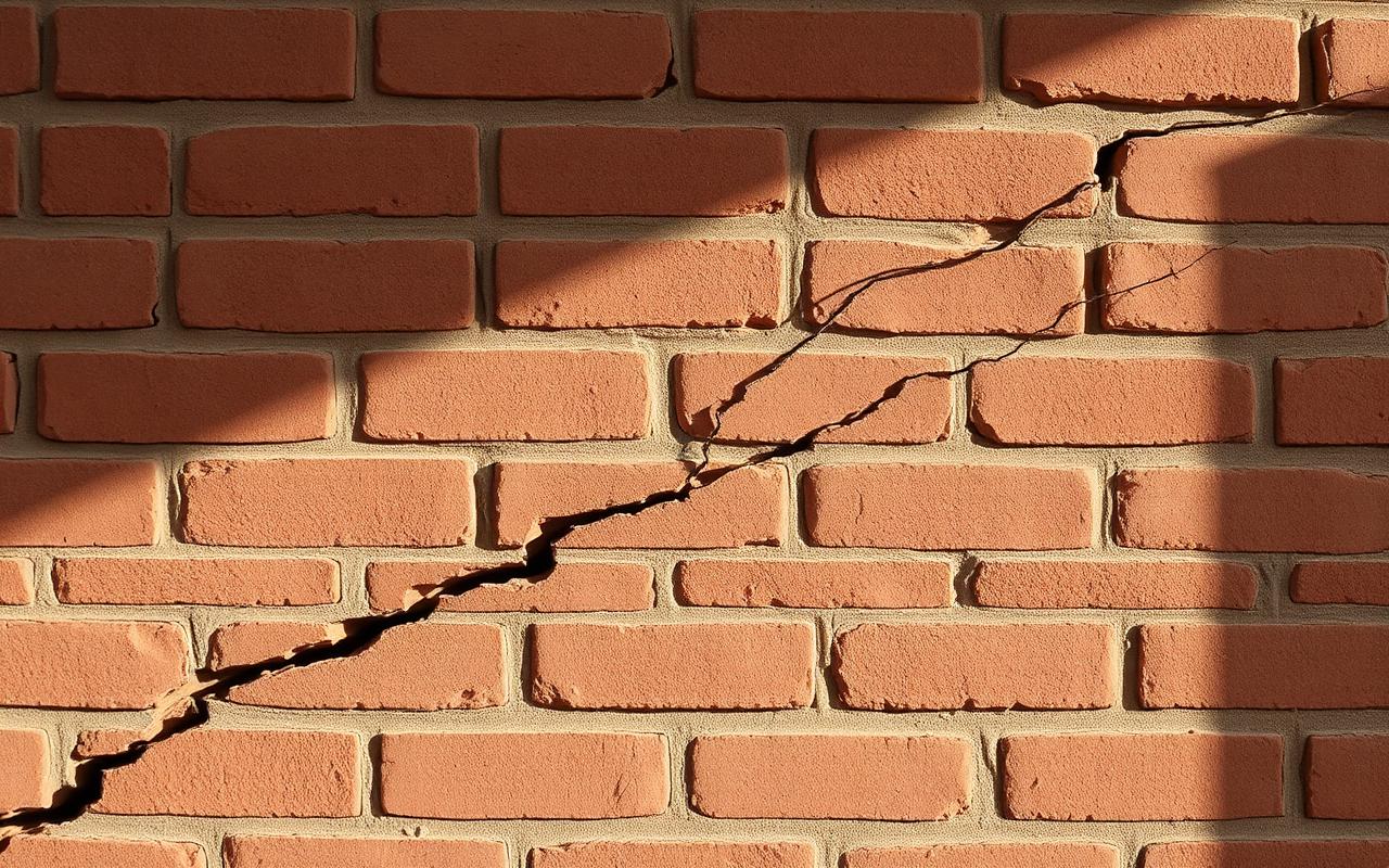 Diagonal crack across a brick wall indicating structural movement.