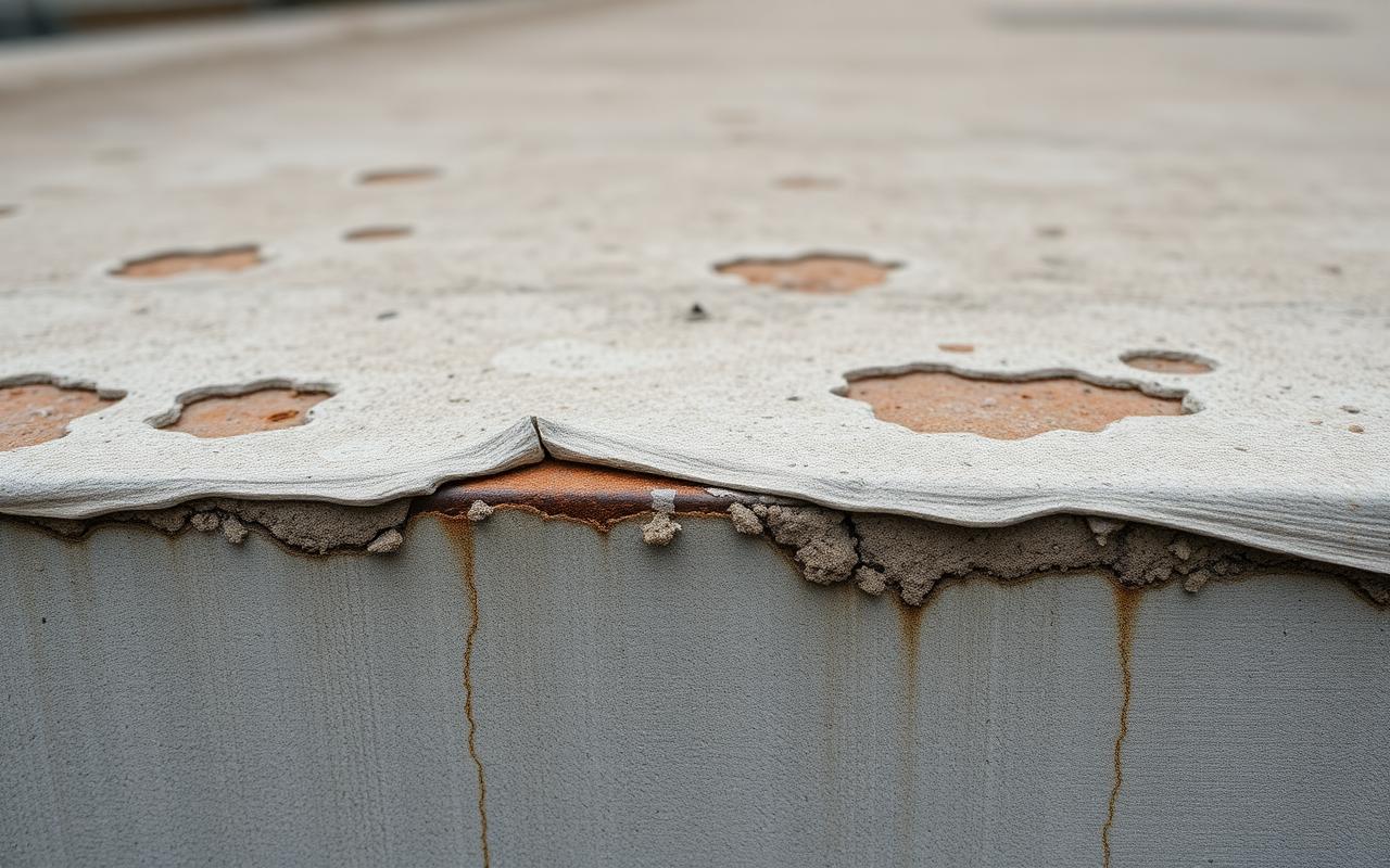 Concrete spalling with exposed rebar and rust staining on a balcony edge.