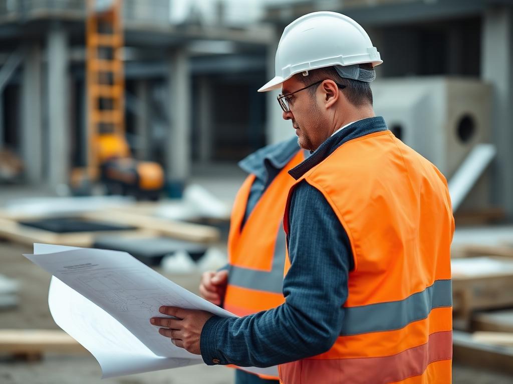 Building practitioner reviewing plans on site