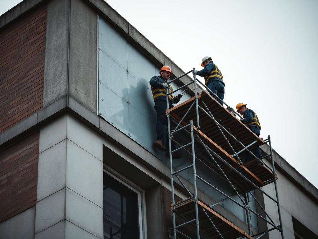 Workers remediating a building facade